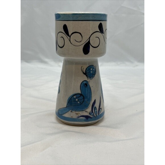 VTG 5.5” Mexican Tonala Pottery Vase Hand Painted Blue Bird Floral Butterflies - Picture 1 of 14